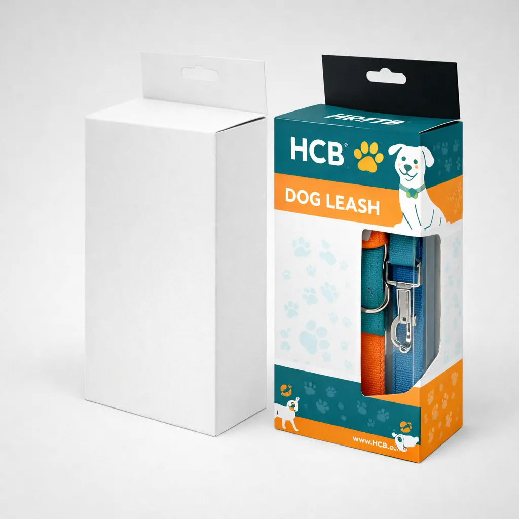 Vertical hanging retail boxes, one blank white and one with a transparent window showing dog leashes.